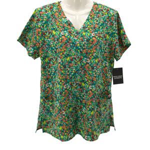 White Cross V-Neck Scrub Top Womens Small S New NWT Geo Fun Floral Mosaic Green